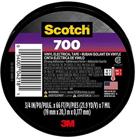 Scotch Cinta eléctrica de vinilo 700, 1 rollo, negro, 3/4 pulgadas x 66 pies, uso general, grado comercial, clasificado para temperaturas de hasta 194 grados, altamente flexible, elástica y
