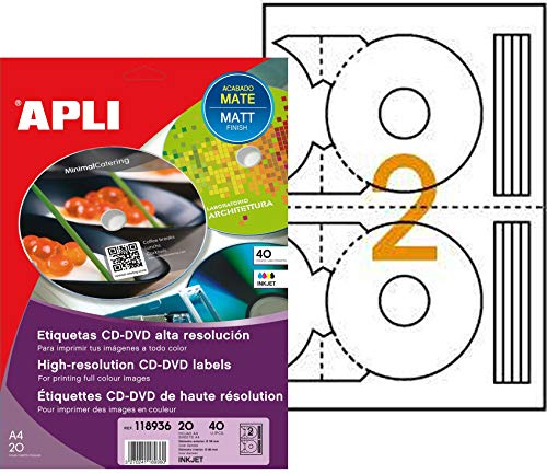APLI 118936 Samt-40 Etiketten CD/DVD Foto matt A4 117,5 cm x 18 mm Durchmesser