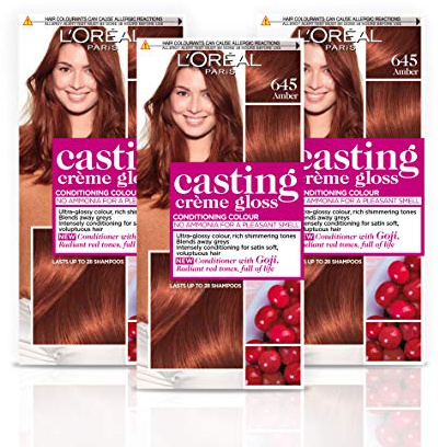 L'Oréal Paris Casting Crème Gloss Semi-Permanent Hair Dye, Ammonia-Free Formula & Honey-Infused Conditioner, Glossy Finish, Colour for Up to 28 Shampoos, Pack of 3, Colour: 645 Amber Red