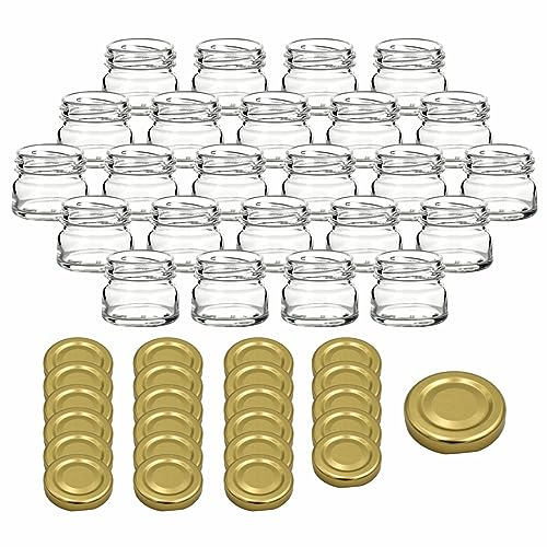 gouveo 24er Set Einmachgläser 30 ml Mini mit Schraubdeckel goldfarben - Mini Vorratsgläser mit Drehverschluss TO43 - Runde Gläschen zum Einwecken, für Marmelade, Gewürze (EGR030G)