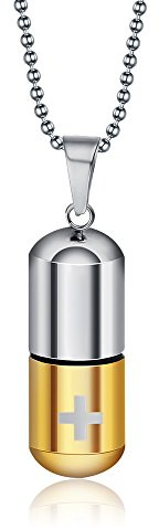 VNOX Gold Plated Stainless Steel Cremation Urn Ash Perfume Bottle Cross Openable Capsule Medicine Pill Pendant Necklace Charm Jewellery,Free Chain