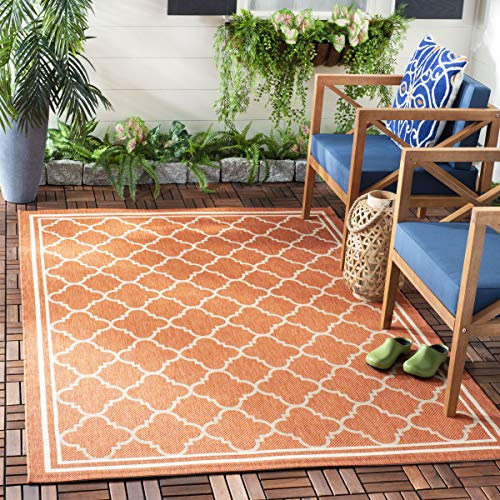 SAFAVIEH Washable Rug Outdoor Courtyard Collection - 4' Square, Terracotta & Bone, Non-Shedding & Easy Cleaning, Ideal for Patio, Backyard, Mudroom (CY6918-241)