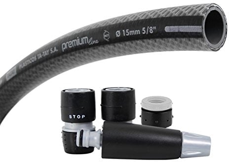 TATAY Kit Manguera de jardin Premium 10 metros Ø5/8 15mm, de 4 Capas, Hecha en España, Resistencia 39 bares y +60°/-20°, Tricotado, Libre de Cadmio y Plomo, Libre de BPA, Anti-UV, Color Negro