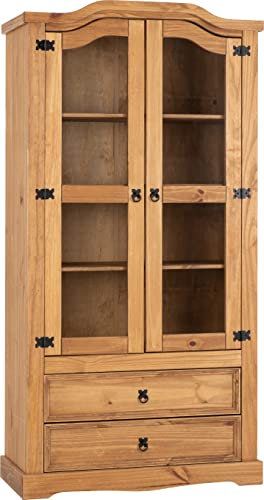 Seconique Corona 2 Door 2 Drawer Glass Display Unit in Distressed Waxed Pine/Glass