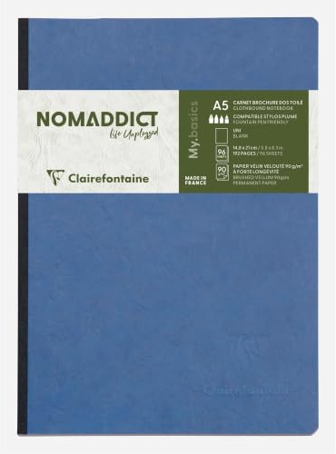 Clairefontaine 795404C Age Bag Collection A Stitched Notebook with Blue Fabric Spine - A5 14.8x21 cm - 192 Plain White Pages - 90 g Paper - Leather Cover Card