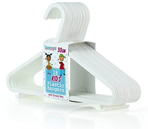 HANGERWORLD 18 Pack of White Plastic Children's Coat Hangers - 30cm for Baby and Toddler Clothes Storage, No Shoulder Bumps with Lower Hooks for Vests