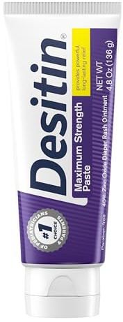 Desitin Maximum Strength Baby Diaper Rash Cream, 40% Zinc Oxide, Hypoallergenic No Added Parabens & Dyes, Protects & Relieves Baby’s Skin for Up to 12 Hours, Prevents Diaper Rash, 4.8 oz Tube