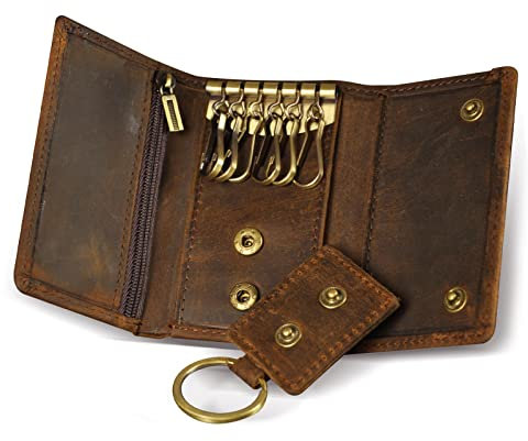 Le’aokuu Schlüsseletui Mini Leder Schlüsselanhänger Ledergeldbörse Kleine Geldbörse Damen Herren Autoschlüssel Tasche Schlüsselmäppchen (1064 Dunke Braun)