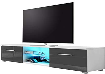 Selsey SYVIS – Mueble bajo para TV en Color Blanco Mate, frentes en Gris Brillante con iluminación LED en Azul, 140 cm