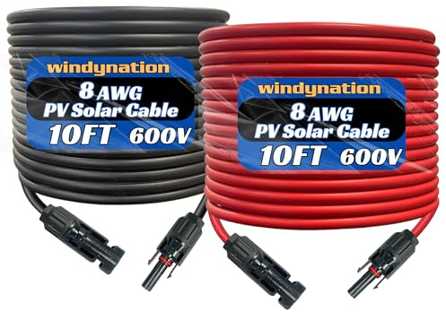 WindyNation 8 AWG 8 Gauge Pair 10 Feet Black + 10 Feet Red Solar Panel Extension Cable Wire Solar Connector (Variety of Lengths Available)