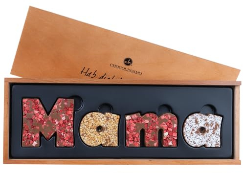 CHOCOLISSIMO - Geschenk Mama - Muttertag Süßigkeiten - Schokolade Geschenk für Mutter - Schoko Buchstaben Vollmilch aus belgischer Schokolade, in Holzbox - Geschenkidee Geburtstag Mutti