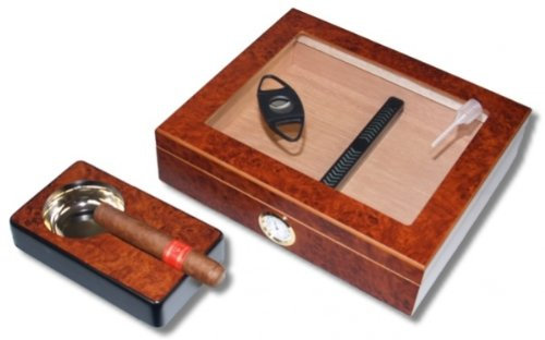 Lifestyle-Ambiente Kristallglas Wurzelholz Finish Humidor-Set V-240