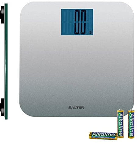Salter 9075 SVGL3R Digitale Personenwaagen - Premium Max Körpewaage Mit Step-On-Technik, Max Tragkraft 250kg, LCD-Anzeige, Schlanke Plattform Aus Gehärtetem Glas, Batterien Enthalten, Silber Glitzer