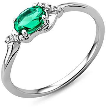 MIORE Schmuck Damen 0.03 Ct Diamant Verlobungsring mit Edelstein Geburtsstein grüner Smaragd und 8 Diamanten Brillante Diamantring aus Weißgold 9 Karat (375) Gold