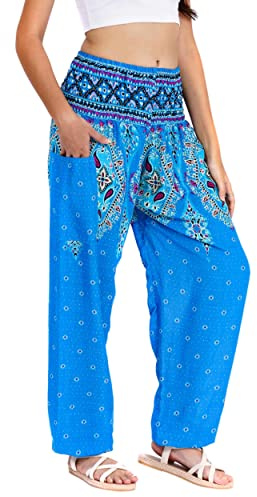 Lofbaz Harem Pants for Women Yoga Boho Hippie Clothing Womens Palazzo Bohemian Pajama Trousers Beach Indian Gypsy Genie Clothes - Floral 1 Light Blue XL