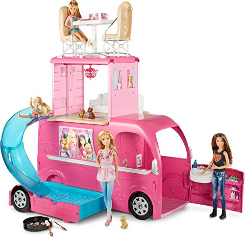 Barbie Mobilier Camping-Car Duplex pour Poupees, Vehicule Rose à Deux Etages avec Quatre Couchages, Piscine et Toboggan, Jouet pour Enfant, CJT42 Exclusivité sur Amazon
