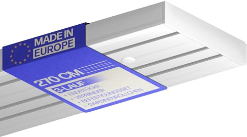 Bestlivings Gardinenschiene 270cm 3-läufig, Weiß, Komplettset montagefertig | Vorhangschiene mit ruhigem Innenlauf, Stecksystem, vorgebohrte Deckenmontage, formstabiler Kunststoff, kürzbar - Made in EU