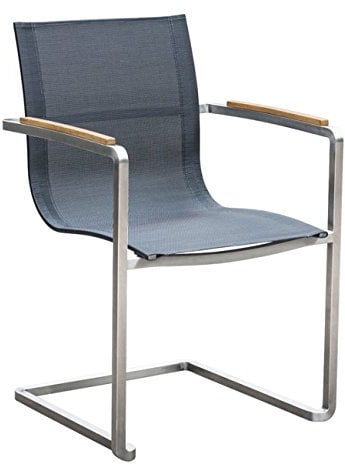 OUTLIV. Gartenstuhl Rimini, Edelstahlgestell, Textilene Sitzfläche, Teakholz Armlehnen, stapelbar, witterungsbeständig, vollständig montiert, Silber-schwarz, 56x55x85 cm