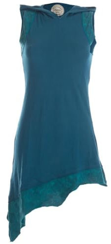 Vishes - Alternative Bekleidung - Asymmetrisches Damen Elfenkleid Baumwolle mit Zipfelkapuze Türkis 42