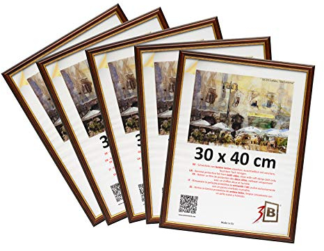 3-B Bilderrahmen BARI RUSTIKAL - 5-Pack - Dunkel Braun/Gold - 30x40 cm - Holzrahmen, Fotorahmen aus exotischem Holz (Ayous), Portraitrahmen mit Acrylglas