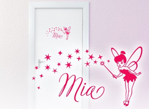 Grandora Wandtattoo Wunschnamen + Fee und Sterne I pink (BxH) 36 x 19 cm I Türaufkleber Kinderzimmer Sticker Aufkleber Wandaufkleber Wandsticker W808