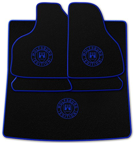 Autoteppich-Stylers GmbH (Mit Farbauswahl Q100) Passform Auto Fußmatten + Kofferraumteppich mit Druck Wolfsburg Edition (WOB) und Rand in Royalblau für VW Golf 2 19E Baujahr 1983-1992