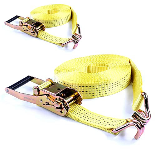 2x Correa de amarre con ganchos 10 m a 5000 kg, hasta 5,0 t / 5000 daN, correa de trinquete de dos partes amarilla, 50 mm Anchura de la cinta