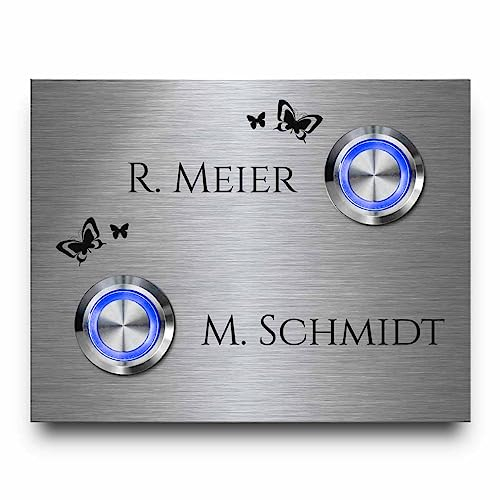 Mehrfamilienhaus Klingel mit zwei Klingelknöpfen | Edelstahl Klingelschild Modell Wagner 9x7 cm - personalisiert mit Wunschtext und Motiven | Optional mit beleuchteten Klingelknöpfen