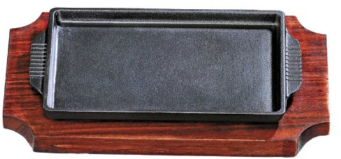 Rectangular Shaped Japanese Styled Cast Iron Sizzler Platter with Wooden Trivet 19cmx12cm