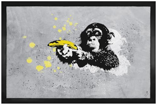 1art1 Streetart Banksy, AFFE mit Bananenpistole Fußmatte Dekomatte Innenbereich | Design Türmatte 60x40 cm