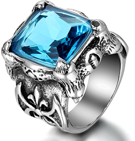 JewelryWe Retro Herren-Ring Edelstahl: Biker Gotik Drachen Klaue Fleur de Lis Keltisches Kreuz Mit Rechteckigem Glas Stein Männer Fingerring Band Gravur Blau Silber Größe 65