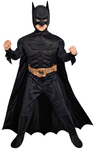Rubies Offizielles Batman Begins Dark Knight Muskelkostüm für Kinder – Jumpsuit, Umhang, Gürtel & Maske enthalten