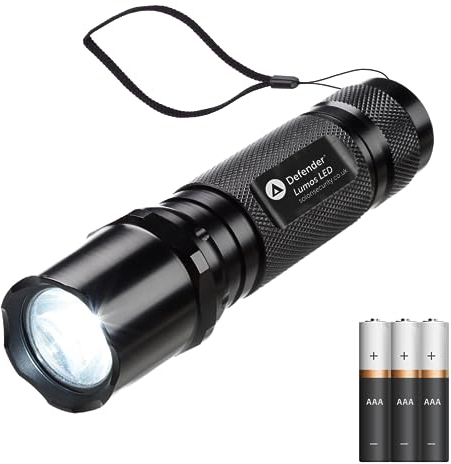 Defender Lumos LED Torch - Compact Handheld Battery Powered - 230 Lumen Waterproof Police Issue Torch - LED Flashlight Batteries Included