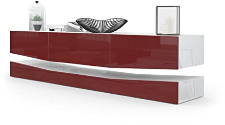 Vladon Lowboard City, Made in Germany, TV-Kommode mit Sockelelement, 1 offenem Fach und 3 Schubkästen, Weiß Hochglanz/Bordeaux Hochglanz (178 x variabel x 39 cm)