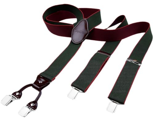 DonDon Hosenträger Herren extra stark dunkelgrün 3,5 cm Hosenträger Herren breit mit brauem Leder in Y-Form lang - Starke Clips passend für Anzug Jeans Chinos Vintage Rockabilly Suspenders