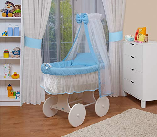 Waldin Stubenwagen-Set mit Ausstattung,XXL,Bollerwagen,komplett,6 Modelle wählbar,Gestell/Räder weiß lackiert,Stoffe blau/weiß