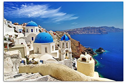 120x80cm - Fotodruck auf Leinwand und Rahmen Santorini Dom Häuser Meerblick - Leinwandbild auf Keilrahmen modern stilvoll - Bilder und Dekoration