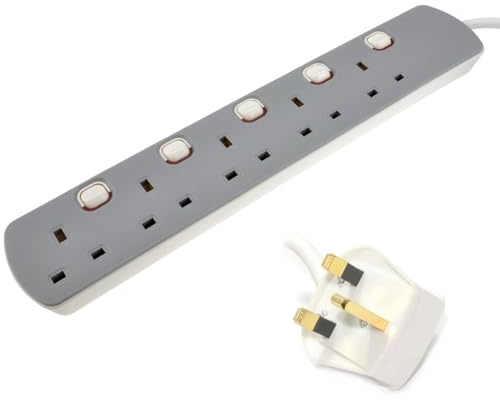 kenable 5 Gang Extension Lead with Individual Switches | 5 Way UK Power Strip with LED Indicators | Wall Mountable | 13A 240V | White 2m Cable