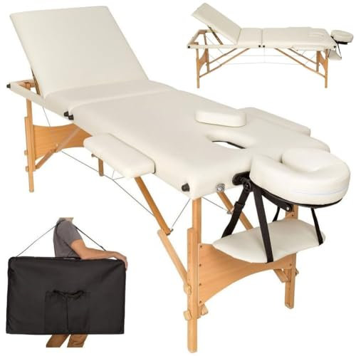 BAKAJI Lit de Massage avec Structure en Bois Pliable, 3 Zones, Massage, physiothérapie, Spa, Centre de Bien-être, esthéticienne Professionnelle, Couleur Beige XL LUX avec Sac de Transport (Structure