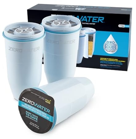 ZeroWater Replacement Water Filter Cartridges, 5 Stage Filtration System Reduces Fluoride, Chlorine, Lead and Chromium, 3 x Filter