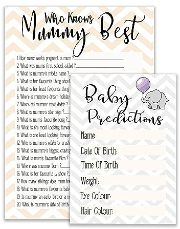 The Little Party Company Baby Shower Game - Who Knows Mummy Best & Baby Prediction Double Pack - Cute Elephant and Chevron Design (10 of each game)