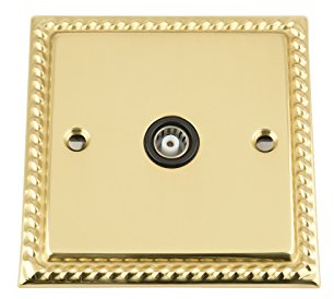 TV Coaxial Aerial Socket Single 1 Gang - Polished Mirror Brass Georgian - Black Insert