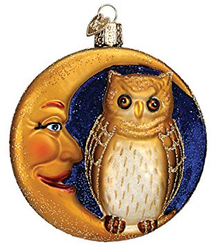 Old World Christmas Owl in Moon Glass Blown Ornament for Christmas Tree, Handcrafted Holiday Decoration, Halloween Collection