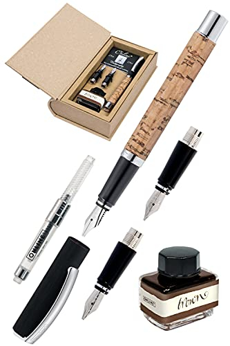 Online Kalligrafie-Set Vision Nature Cork, Füller mit 3 Kalligraphie-Federn Breite 0.8, 1.4, 1.8 mm, inklusive Tintenglas braun, in edler Geschenk-Box, Schönschreib-Füller Holz, 36781