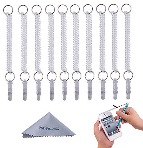 Wisdompro Stylus Tether, 10 Pack of Detachable Elastic Coil Tether Strings Lanyards with 3.5mm earphone jack for Stylus Pens - Clear