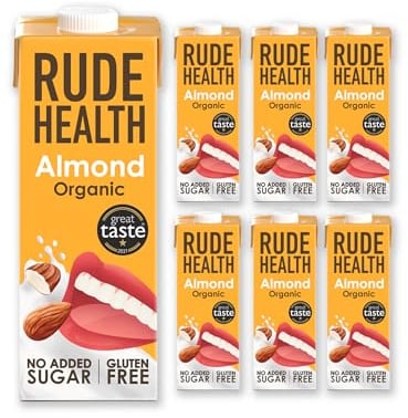 Rude Health 6 x 1 Litre Organic Almond Dairy-Alt Milk, 100% Natural Organic Drink, Lactose Free, Dairy Free & Gluten-Free, No Added Sugar, Award-Winning, Healthy & Vegan, 100% Recyclable Packaging