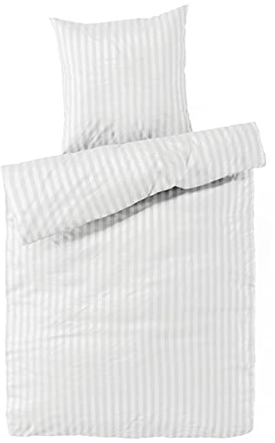 Carpe Sonno Damast Bettwäsche 155x220 Baumwolle | Weiße Bettwäsche Baumwolle | Bettwaren & Bettwäsche-Sets | Bettbezug 155x220 Baumwoll Bettwäsche Set | Gestreifte Bettwäsche weiß