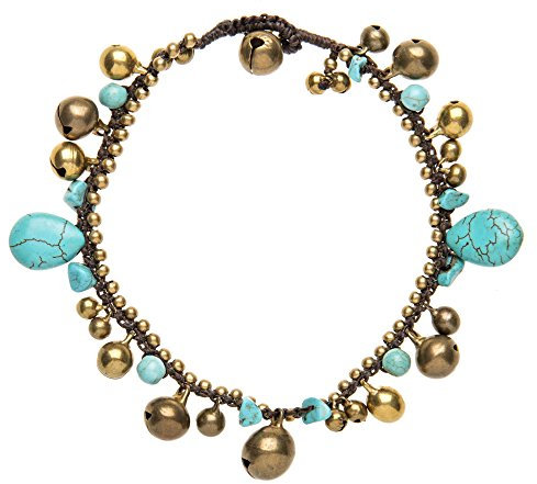 81stgeneration Bracelet de Cheville en Laiton Doré avec Perles et Clochettes Turquoise | Clochettes de Cheville de Style Indien | Bijoux de Pieds pour Femmes