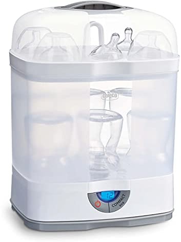 Chicco 3-in-1-Sterilisator, natürlicher und einstellbarer Dampfsterilisator für Babyflaschen, mikrowellengeeignet, mit 3 Konfigurationen, einfach zu bedienen, bis zu 6 Flaschen à 330 ml, weiß
