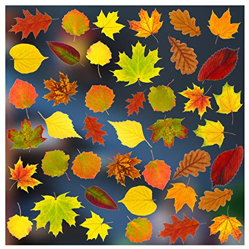 Herbstliche Aufkleber in Farbe in buntem Blätter-Design. Fenster-Aufkleber von Stickers4., Textil, weiß, Set 2 - 42 leaves